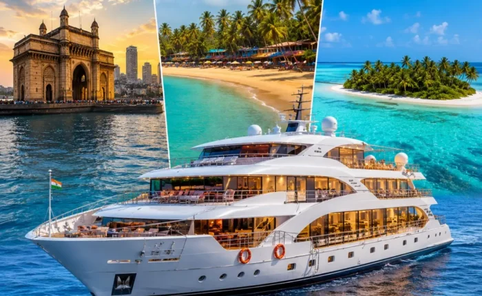 Mumbai Goa Lakshadweep Cruise Package featuring a luxury cruise ship, Goa beaches, Lakshadweep islands, turquoise lagoons and premium onboard experiences.