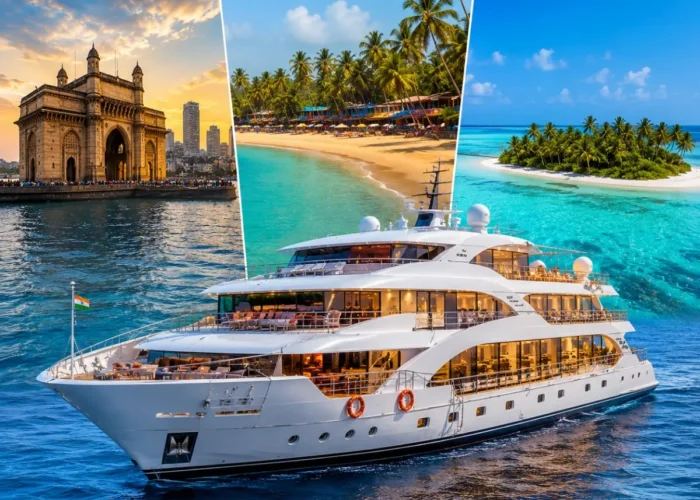 Mumbai Goa Lakshadweep Cruise Package featuring a luxury cruise ship, Goa beaches, Lakshadweep islands, turquoise lagoons and premium onboard experiences.