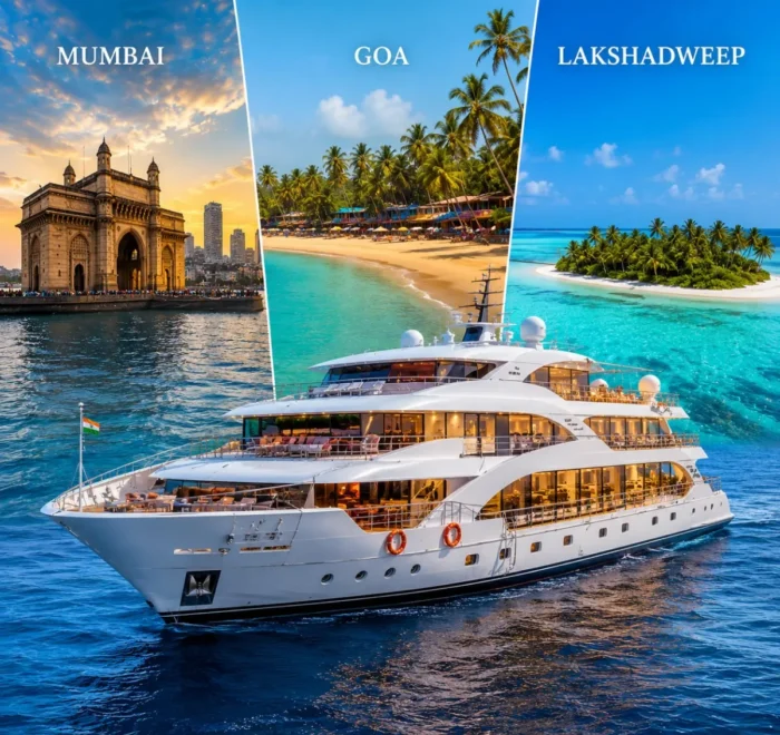 Mumbai Goa Lakshadweep Cruise Package featuring a luxury cruise ship, Goa beaches, Lakshadweep islands, turquoise lagoons and premium onboard experiences.