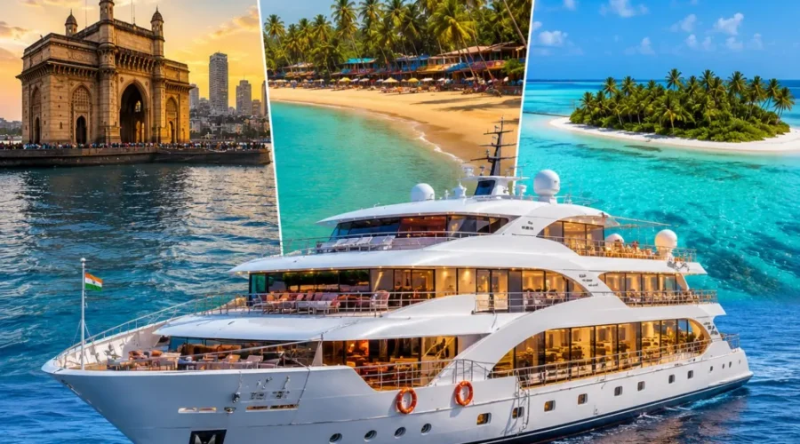 Mumbai Goa Lakshadweep Cruise Package featuring a luxury cruise ship, Goa beaches, Lakshadweep islands, turquoise lagoons and premium onboard experiences.