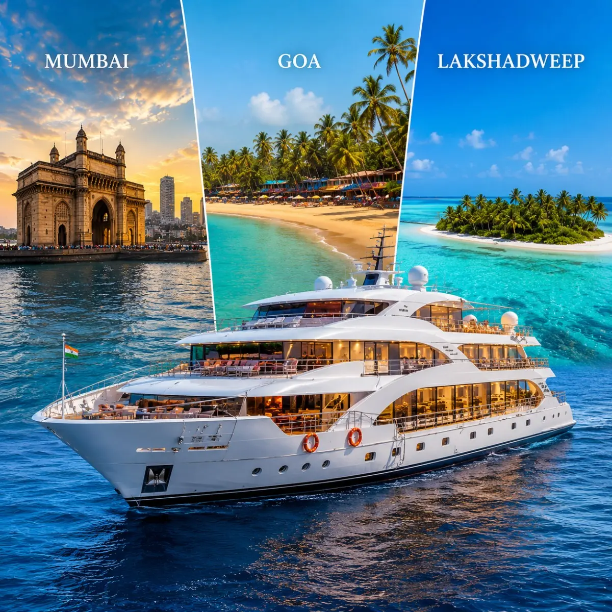 Mumbai Goa Lakshadweep Cruise Package featuring a luxury cruise ship, Goa beaches, Lakshadweep islands, turquoise lagoons and premium onboard experiences.