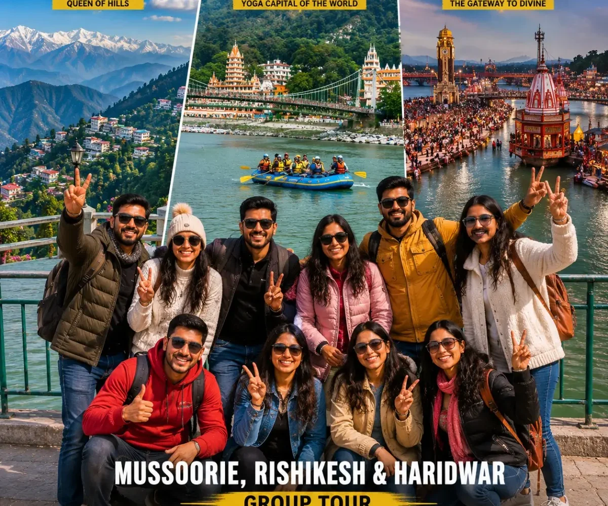 Mussoorie Rishikesh Haridwar Group Tour Package featuring Kempty Falls, Mall Road, Lakshman Jhula, Ganga Aarti and Himalayan landscapes.