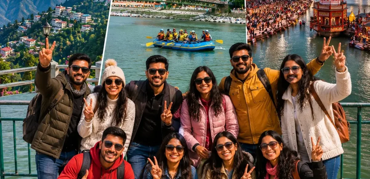 Mussoorie Rishikesh Haridwar Group Tour Package featuring Kempty Falls, Mall Road, Lakshman Jhula, Ganga Aarti and Himalayan landscapes.