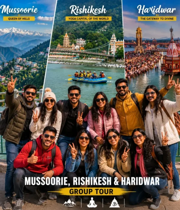 Mussoorie Rishikesh Haridwar Group Tour Package featuring Kempty Falls, Mall Road, Lakshman Jhula, Ganga Aarti and Himalayan landscapes.