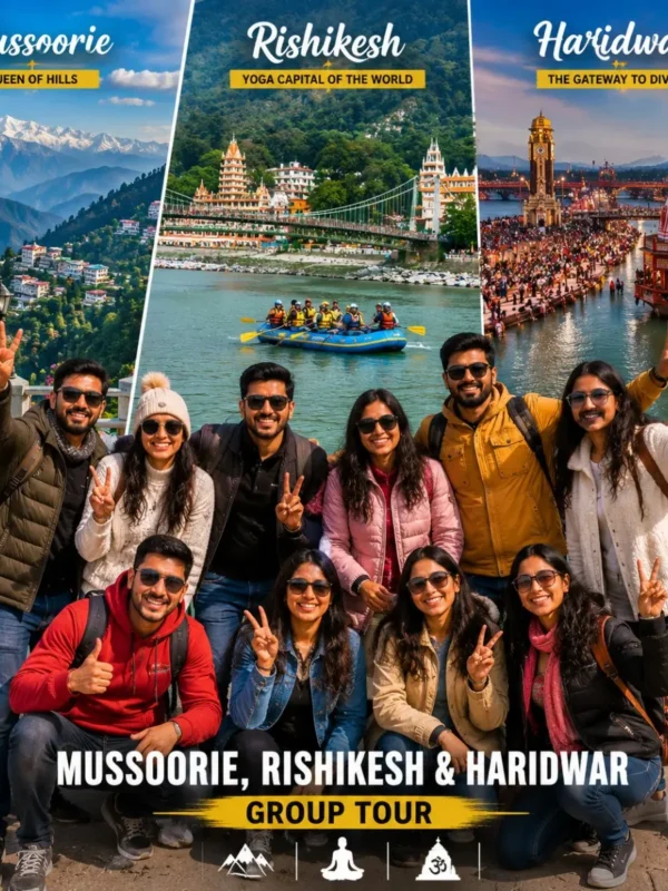 Mussoorie Rishikesh Haridwar Group Tour Package featuring Kempty Falls, Mall Road, Lakshman Jhula, Ganga Aarti and Himalayan landscapes.