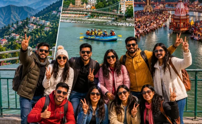 Mussoorie Rishikesh Haridwar Group Tour Package featuring Kempty Falls, Mall Road, Lakshman Jhula, Ganga Aarti and Himalayan landscapes.