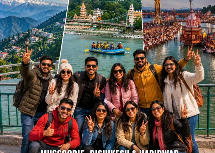Mussoorie Rishikesh Haridwar Group Tour Package featuring Kempty Falls, Mall Road, Lakshman Jhula, Ganga Aarti and Himalayan landscapes.