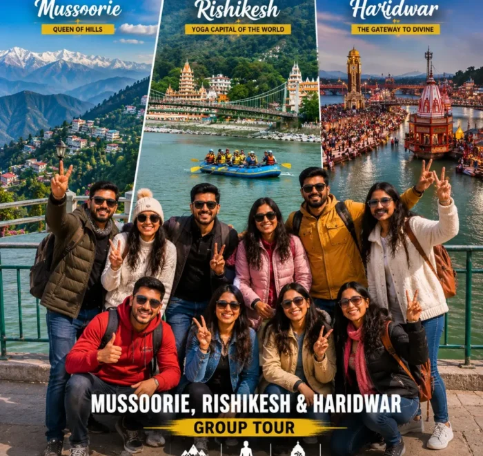 Mussoorie Rishikesh Haridwar Group Tour Package featuring Kempty Falls, Mall Road, Lakshman Jhula, Ganga Aarti and Himalayan landscapes.