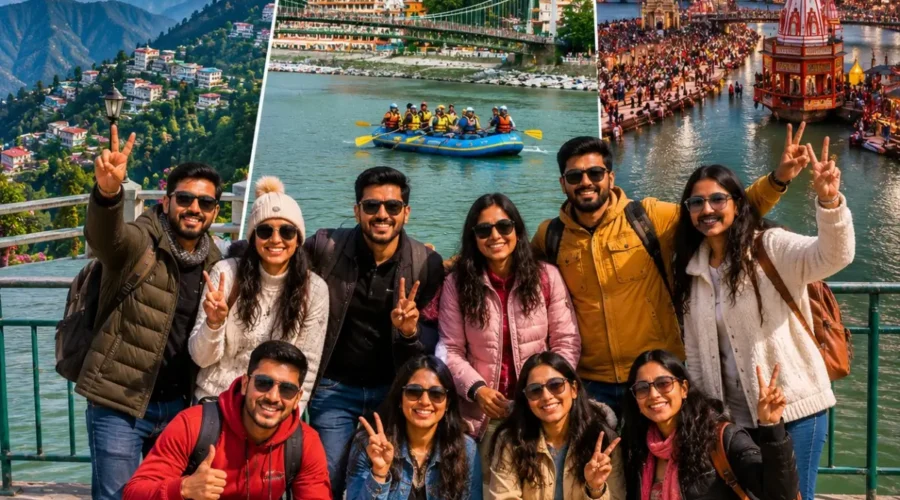 Mussoorie Rishikesh Haridwar Group Tour Package featuring Kempty Falls, Mall Road, Lakshman Jhula, Ganga Aarti and Himalayan landscapes.