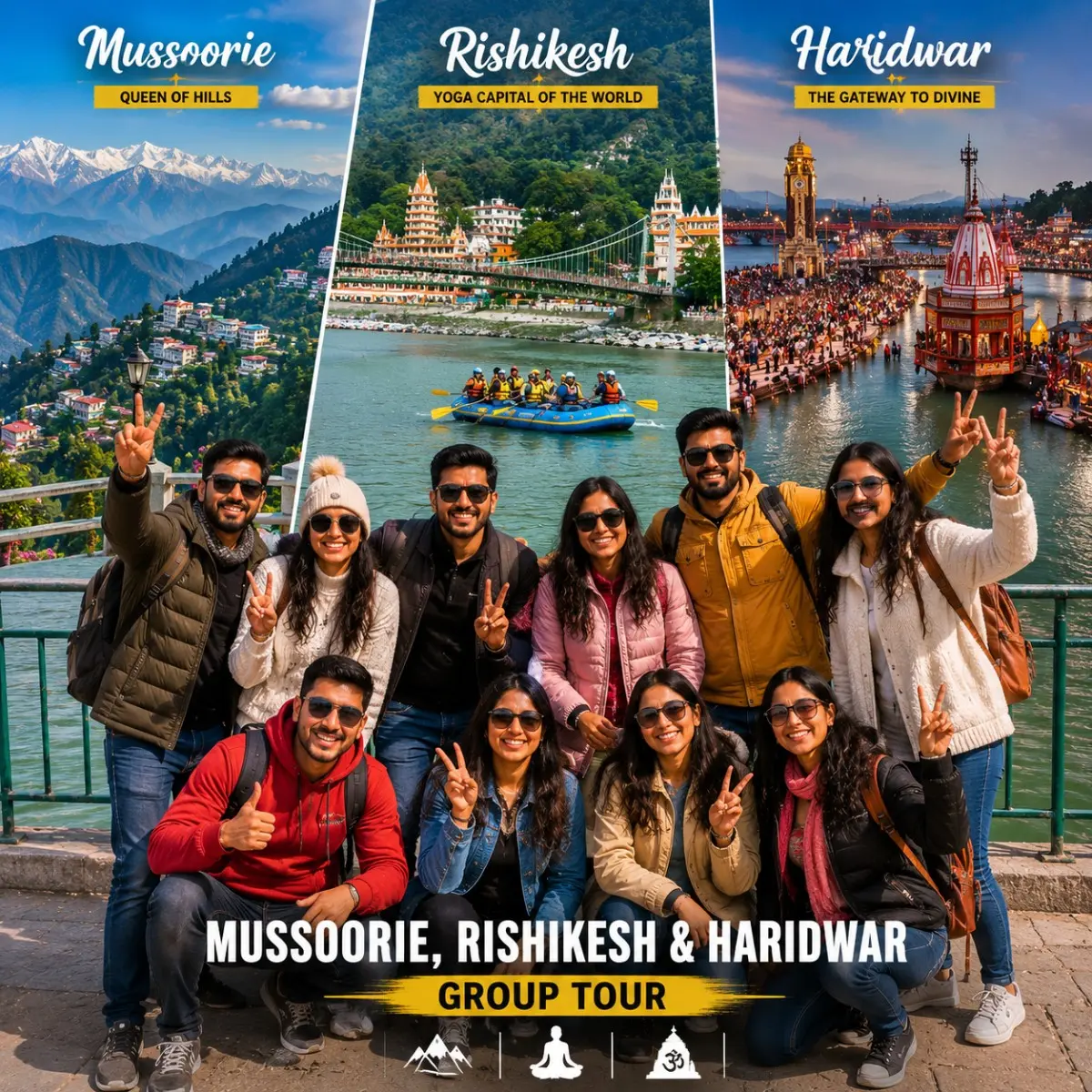 Mussoorie Rishikesh Haridwar Group Tour Package featuring Kempty Falls, Mall Road, Lakshman Jhula, Ganga Aarti and Himalayan landscapes.