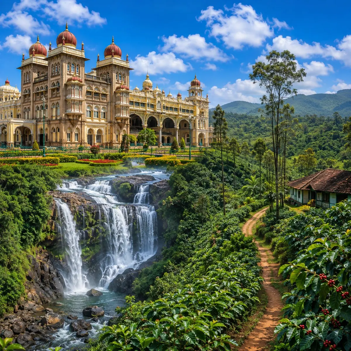 Mysuru & Coorg Tour Package featuring Mysore Palace, Chamundi Hills, Abbey Falls and Coorg coffee plantations