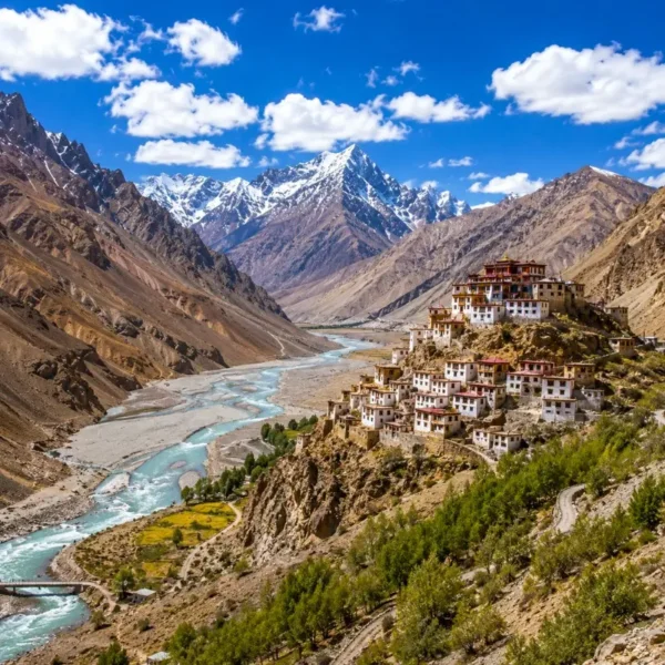 Spiti Valley 7 Nights 8 Days bus package from Delhi featuring Kaza, Key Monastery, Chandratal Lake, Kunzum Pass and scenic Himalayan landscapes.