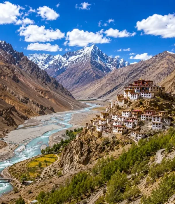 Spiti Valley 7 Nights 8 Days bus package from Delhi featuring Kaza, Key Monastery, Chandratal Lake, Kunzum Pass and scenic Himalayan landscapes.