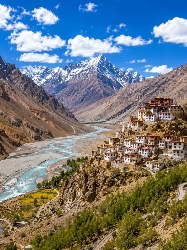 Spiti Valley 7 Nights 8 Days bus package from Delhi featuring Kaza, Key Monastery, Chandratal Lake, Kunzum Pass and scenic Himalayan landscapes.