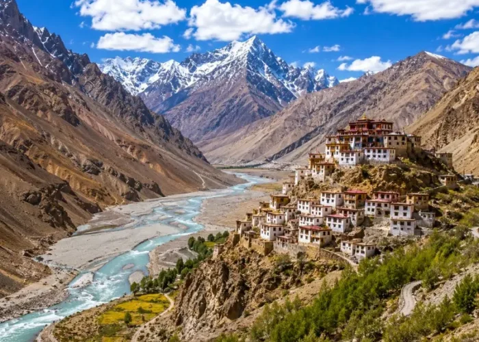 Spiti Valley 7 Nights 8 Days bus package from Delhi featuring Kaza, Key Monastery, Chandratal Lake, Kunzum Pass and scenic Himalayan landscapes.