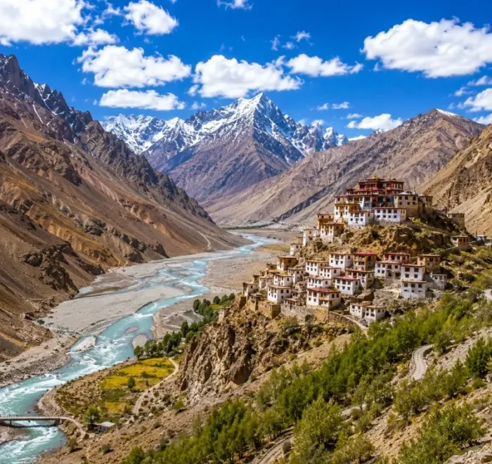 Spiti Valley 7 Nights 8 Days bus package from Delhi featuring Kaza, Key Monastery, Chandratal Lake, Kunzum Pass and scenic Himalayan landscapes.