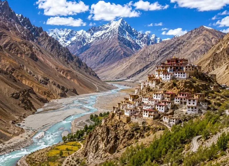Spiti Valley 7 Nights 8 Days bus package from Delhi featuring Kaza, Key Monastery, Chandratal Lake, Kunzum Pass and scenic Himalayan landscapes.