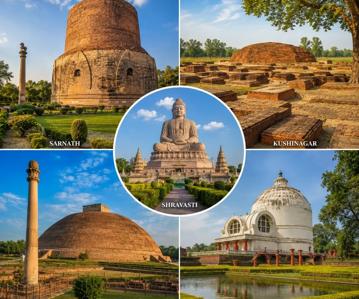 Uttar Pradesh Buddhist Circuit Tour Package featuring Dhamek Stupa, Sarnath, Kushinagar Mahaparinirvana Temple, Shravasti and ancient Buddhist monuments.