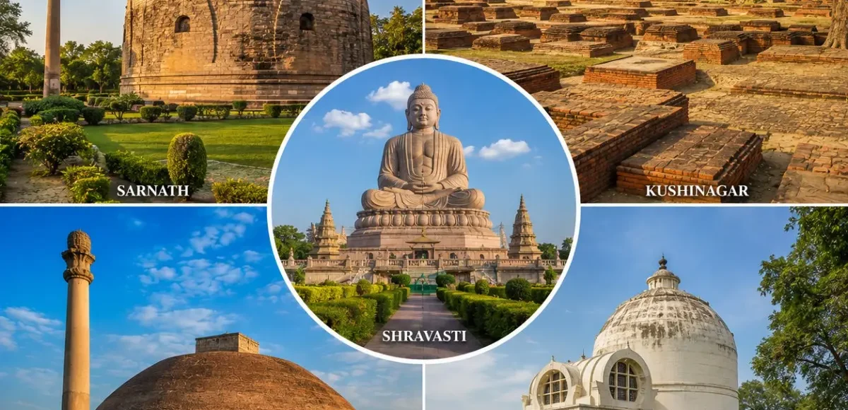 Uttar Pradesh Buddhist Circuit Tour Package featuring Dhamek Stupa, Sarnath, Kushinagar Mahaparinirvana Temple, Shravasti and ancient Buddhist monuments.