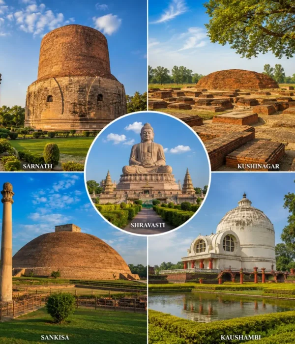 Uttar Pradesh Buddhist Circuit Tour Package featuring Dhamek Stupa, Sarnath, Kushinagar Mahaparinirvana Temple, Shravasti and ancient Buddhist monuments.