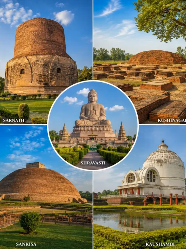Uttar Pradesh Buddhist Circuit Tour Package featuring Dhamek Stupa, Sarnath, Kushinagar Mahaparinirvana Temple, Shravasti and ancient Buddhist monuments.