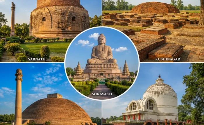 Uttar Pradesh Buddhist Circuit Tour Package featuring Dhamek Stupa, Sarnath, Kushinagar Mahaparinirvana Temple, Shravasti and ancient Buddhist monuments.