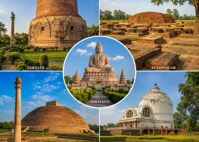 Uttar Pradesh Buddhist Circuit Tour Package featuring Dhamek Stupa, Sarnath, Kushinagar Mahaparinirvana Temple, Shravasti and ancient Buddhist monuments.