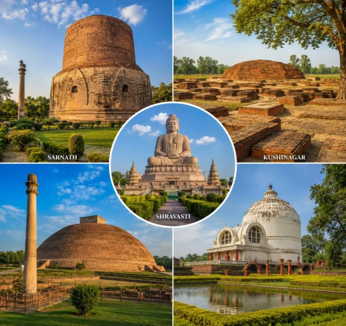 Uttar Pradesh Buddhist Circuit Tour Package featuring Dhamek Stupa, Sarnath, Kushinagar Mahaparinirvana Temple, Shravasti and ancient Buddhist monuments.