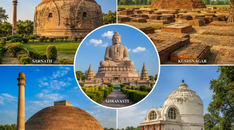 Uttar Pradesh Buddhist Circuit Tour Package featuring Dhamek Stupa, Sarnath, Kushinagar Mahaparinirvana Temple, Shravasti and ancient Buddhist monuments.