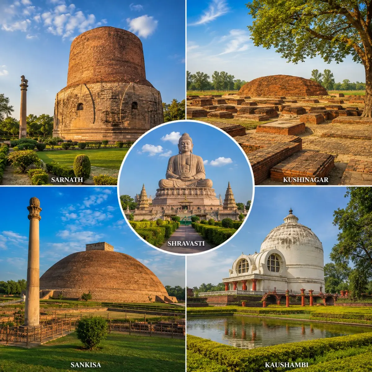 Uttar Pradesh Buddhist Circuit Tour Package featuring Dhamek Stupa, Sarnath, Kushinagar Mahaparinirvana Temple, Shravasti and ancient Buddhist monuments.