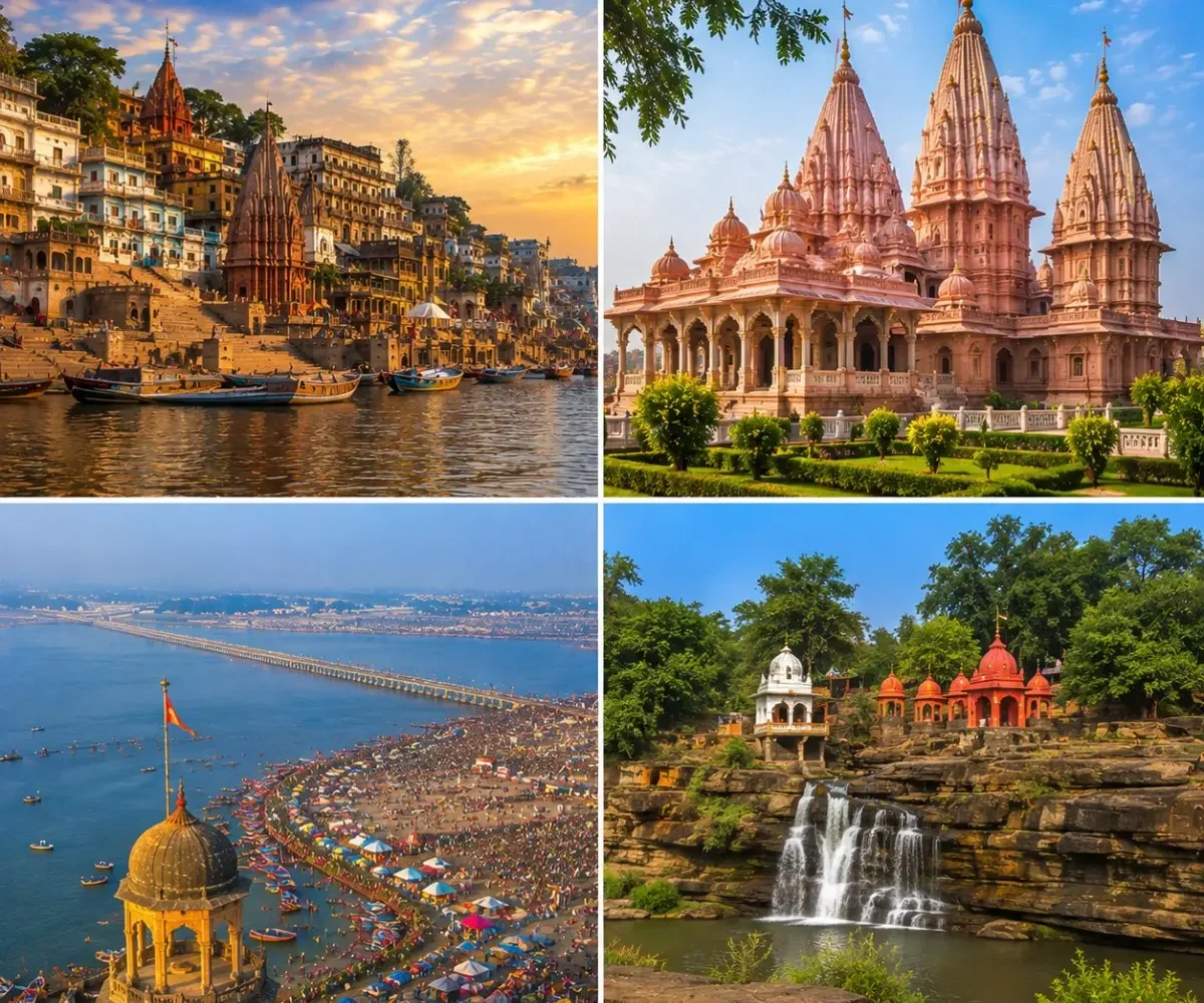 Varanasi Ayodhya Prayagraj Chitrakoot Tour Package featuring Kashi Vishwanath Temple, Shri Ram Janmabhoomi Mandir, Triveni Sangam and Ram Ghat Chitrakoot.