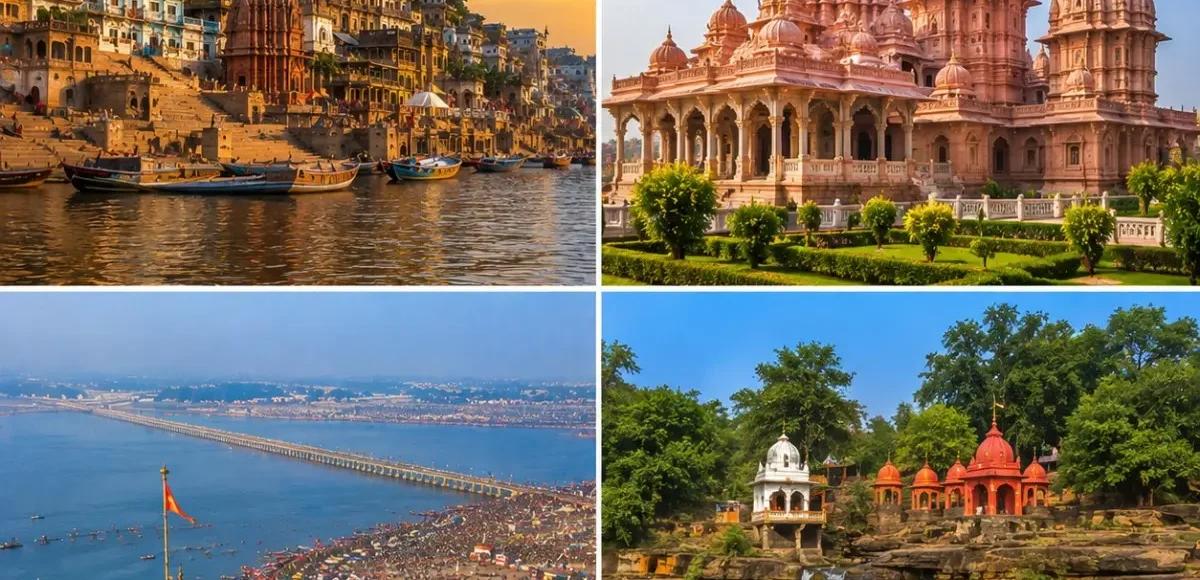 Varanasi Ayodhya Prayagraj Chitrakoot Tour Package featuring Kashi Vishwanath Temple, Shri Ram Janmabhoomi Mandir, Triveni Sangam and Ram Ghat Chitrakoot.