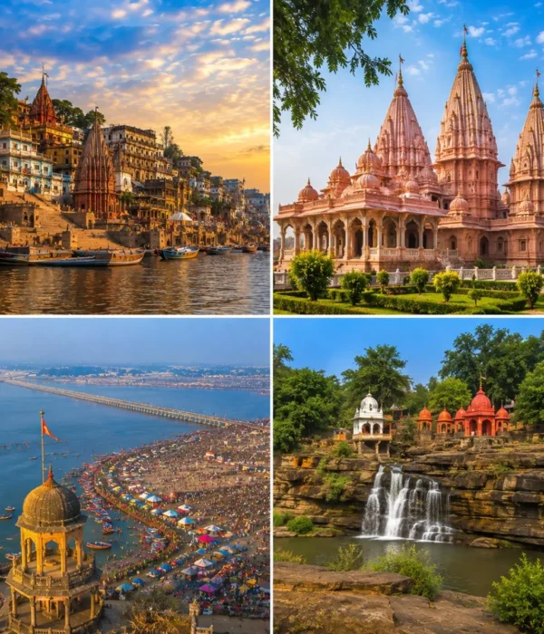 Varanasi Ayodhya Prayagraj Chitrakoot Tour Package featuring Kashi Vishwanath Temple, Shri Ram Janmabhoomi Mandir, Triveni Sangam and Ram Ghat Chitrakoot.