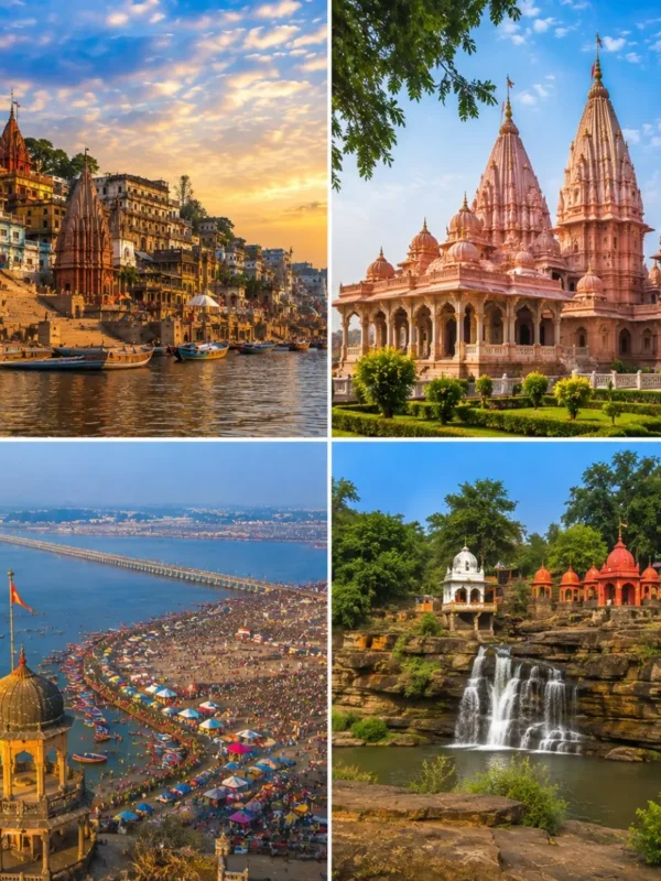 Varanasi Ayodhya Prayagraj Chitrakoot Tour Package featuring Kashi Vishwanath Temple, Shri Ram Janmabhoomi Mandir, Triveni Sangam and Ram Ghat Chitrakoot.
