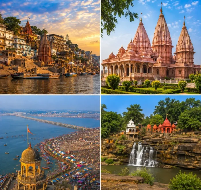 Varanasi Ayodhya Prayagraj Chitrakoot Tour Package featuring Kashi Vishwanath Temple, Shri Ram Janmabhoomi Mandir, Triveni Sangam and Ram Ghat Chitrakoot.