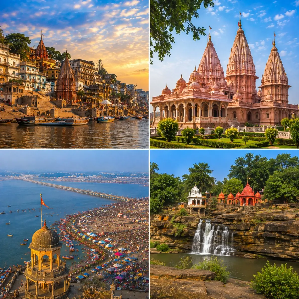 Varanasi Ayodhya Prayagraj Chitrakoot Tour Package featuring Kashi Vishwanath Temple, Shri Ram Janmabhoomi Mandir, Triveni Sangam and Ram Ghat Chitrakoot.