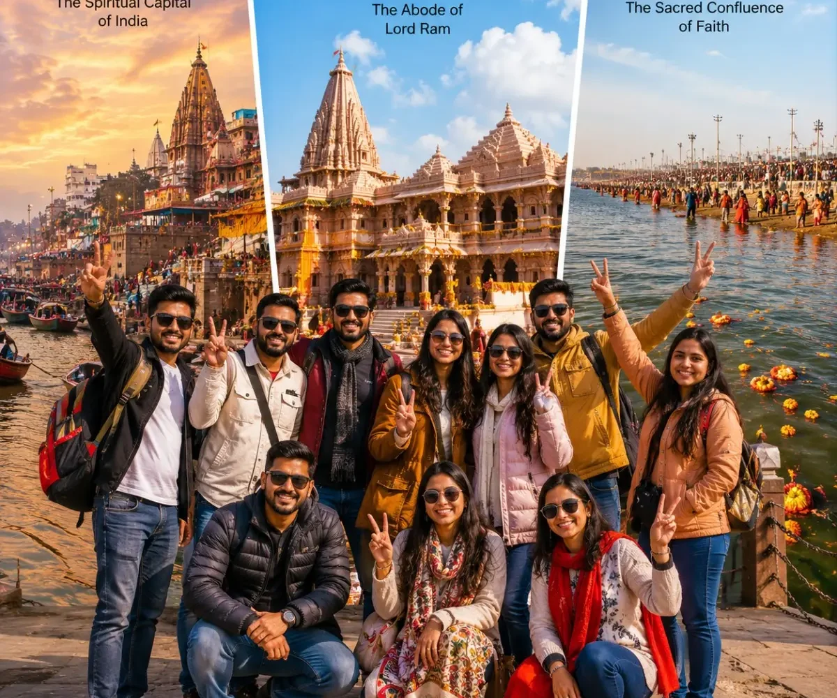 Varanasi Ayodhya Prayagraj Group Tour Package featuring Kashi Vishwanath Temple, Shri Ram Janmabhoomi, Triveni Sangam, Ganga Aarti and sacred pilgrimage destinations.