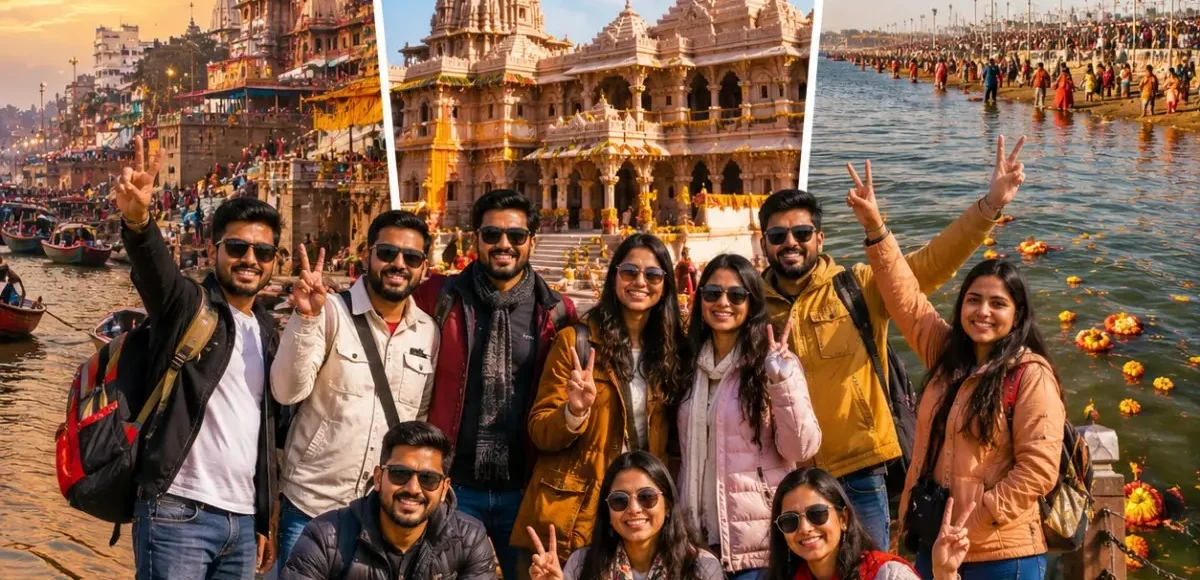 Varanasi Ayodhya Prayagraj Group Tour Package featuring Kashi Vishwanath Temple, Shri Ram Janmabhoomi, Triveni Sangam, Ganga Aarti and sacred pilgrimage destinations.