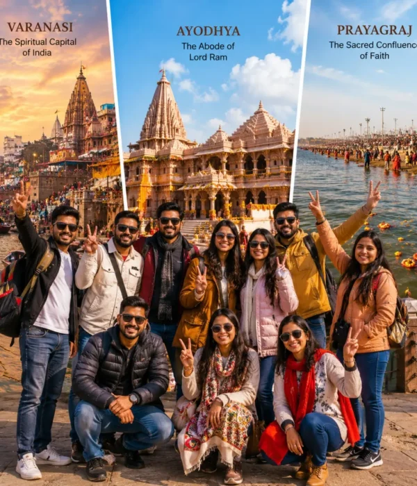 Varanasi Ayodhya Prayagraj Group Tour Package featuring Kashi Vishwanath Temple, Shri Ram Janmabhoomi, Triveni Sangam, Ganga Aarti and sacred pilgrimage destinations.