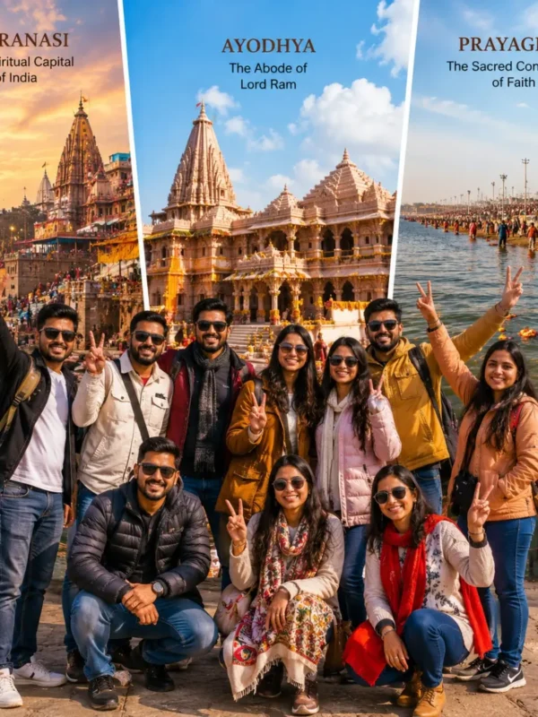 Varanasi Ayodhya Prayagraj Group Tour Package featuring Kashi Vishwanath Temple, Shri Ram Janmabhoomi, Triveni Sangam, Ganga Aarti and sacred pilgrimage destinations.