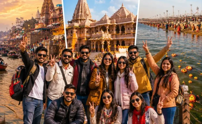 Varanasi Ayodhya Prayagraj Group Tour Package featuring Kashi Vishwanath Temple, Shri Ram Janmabhoomi, Triveni Sangam, Ganga Aarti and sacred pilgrimage destinations.
