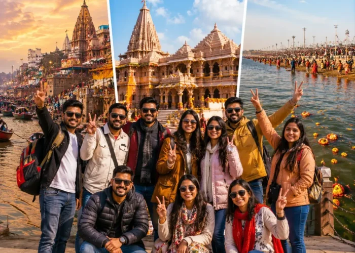 Varanasi Ayodhya Prayagraj Group Tour Package featuring Kashi Vishwanath Temple, Shri Ram Janmabhoomi, Triveni Sangam, Ganga Aarti and sacred pilgrimage destinations.