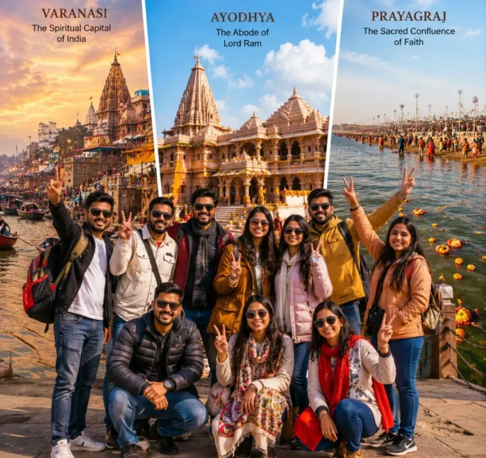 Varanasi Ayodhya Prayagraj Group Tour Package featuring Kashi Vishwanath Temple, Shri Ram Janmabhoomi, Triveni Sangam, Ganga Aarti and sacred pilgrimage destinations.