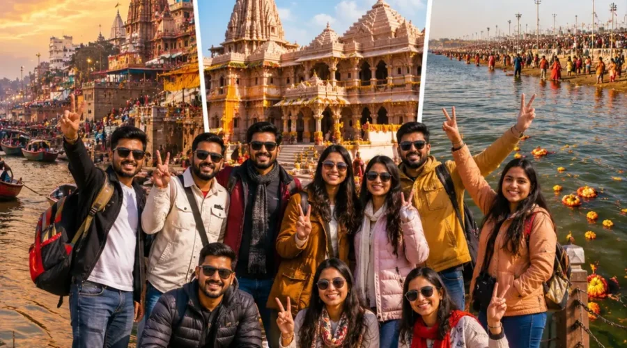 Varanasi Ayodhya Prayagraj Group Tour Package featuring Kashi Vishwanath Temple, Shri Ram Janmabhoomi, Triveni Sangam, Ganga Aarti and sacred pilgrimage destinations.