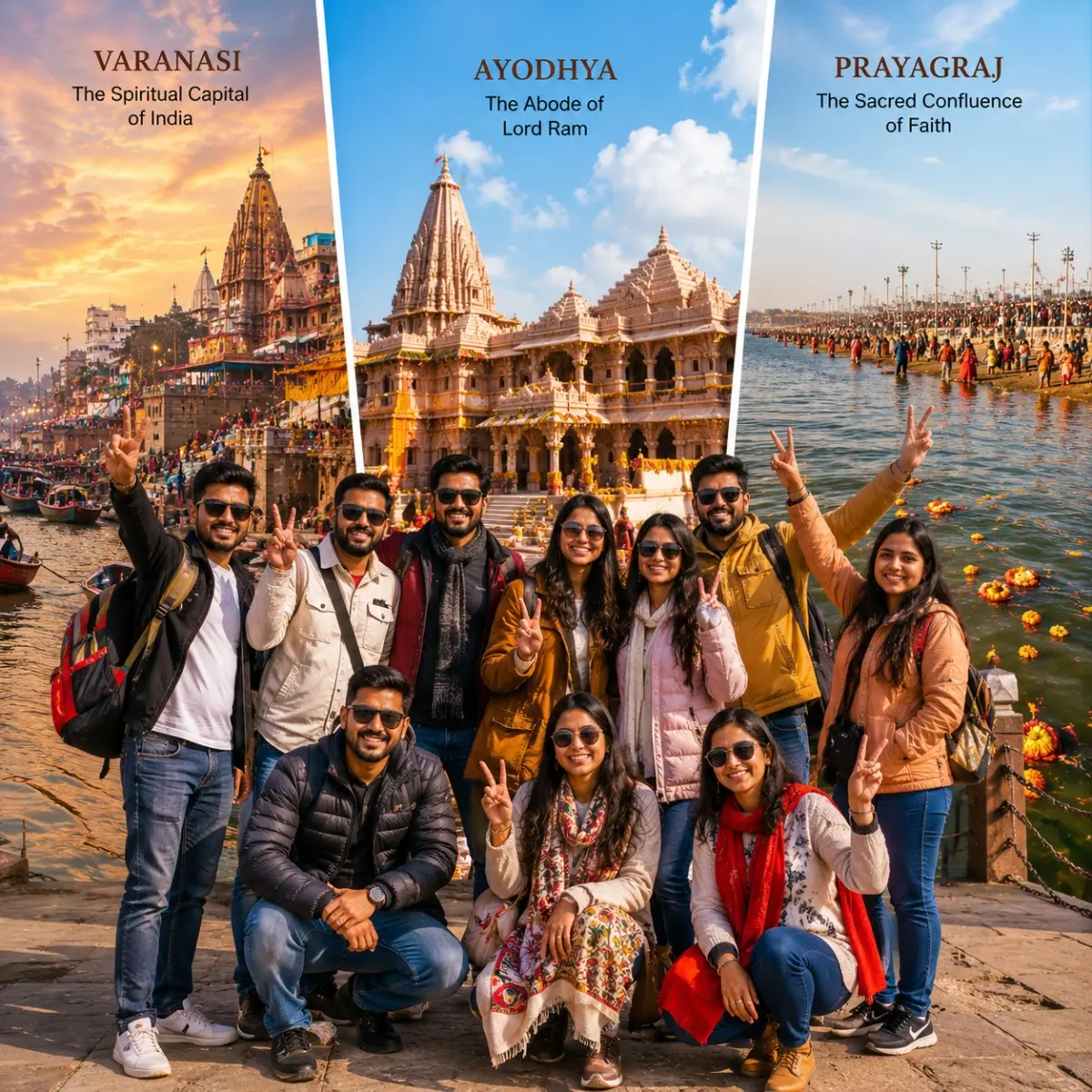 Varanasi Ayodhya Prayagraj Group Tour Package featuring Kashi Vishwanath Temple, Shri Ram Janmabhoomi, Triveni Sangam, Ganga Aarti and sacred pilgrimage destinations.