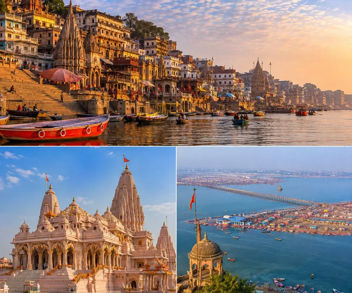 Varanasi Ayodhya Prayagraj Tour Package featuring Kashi Vishwanath Temple, Shri Ram Janmabhoomi Mandir, Triveni Sangam and Ganga Aarti.
