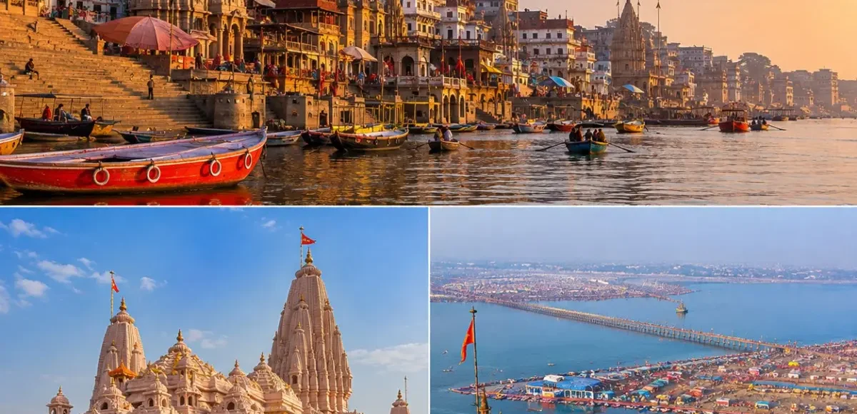 Varanasi Ayodhya Prayagraj Tour Package featuring Kashi Vishwanath Temple, Shri Ram Janmabhoomi Mandir, Triveni Sangam and Ganga Aarti.