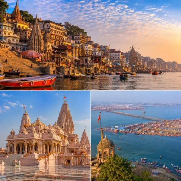 Varanasi Ayodhya Prayagraj Tour Package featuring Kashi Vishwanath Temple, Shri Ram Janmabhoomi Mandir, Triveni Sangam and Ganga Aarti.
