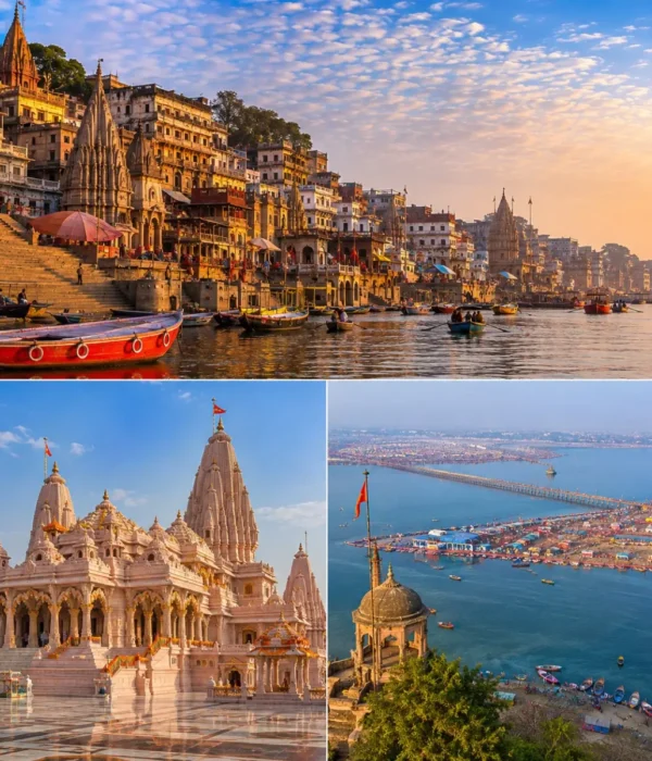 Varanasi Ayodhya Prayagraj Tour Package featuring Kashi Vishwanath Temple, Shri Ram Janmabhoomi Mandir, Triveni Sangam and Ganga Aarti.