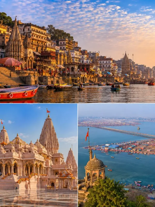 Varanasi Ayodhya Prayagraj Tour Package featuring Kashi Vishwanath Temple, Shri Ram Janmabhoomi Mandir, Triveni Sangam and Ganga Aarti.